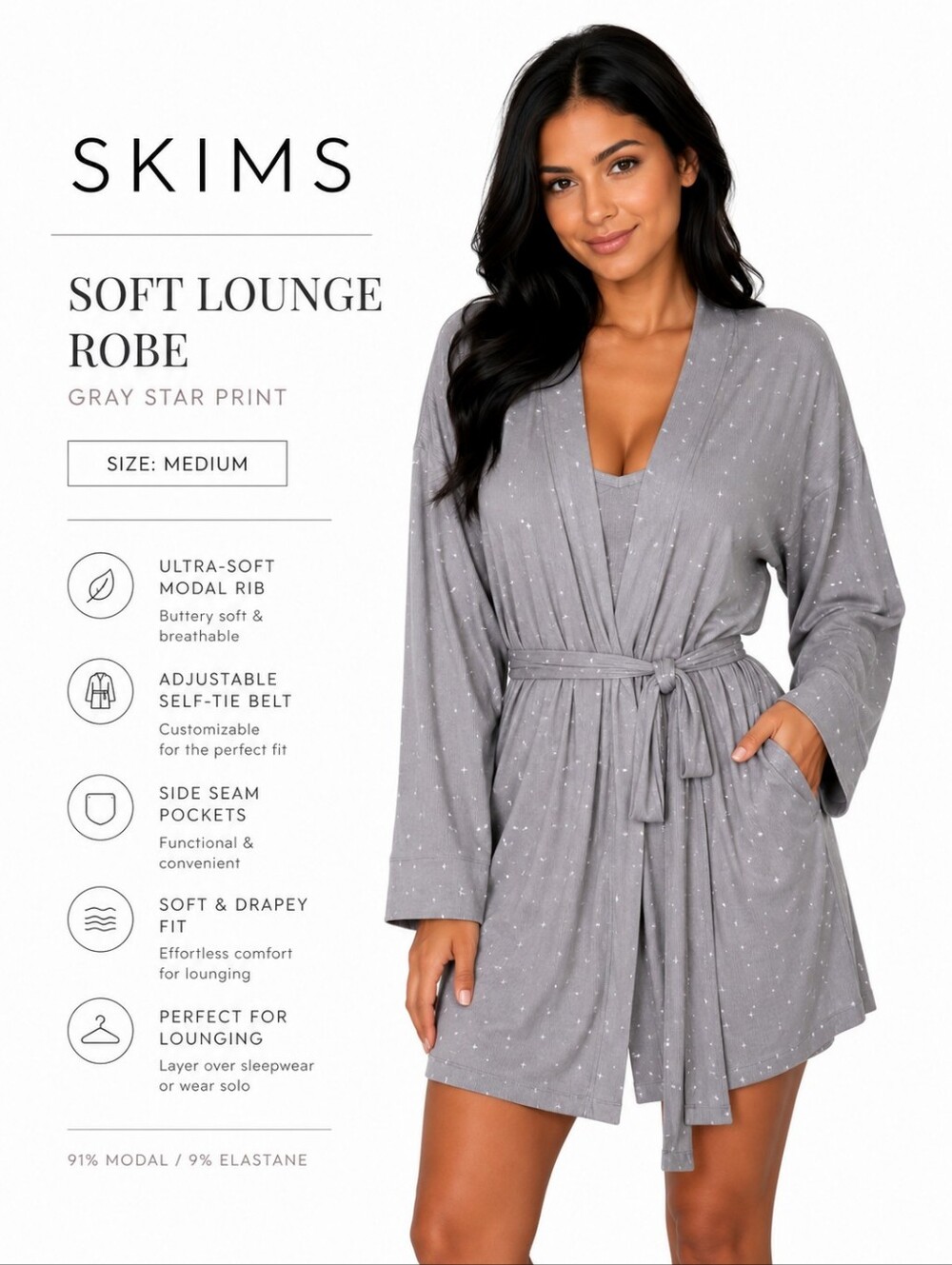 SKIMS Soft Lounge Robe – Gray Star Print Size Medium NWT